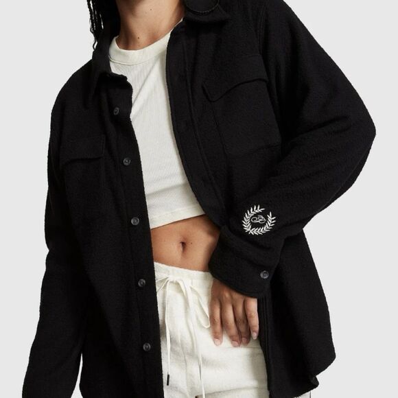 Victorias Secret Pink Shirt Womens XL Black Fleece Button Up Shacket Logo Lounge - Picture 1 of 9